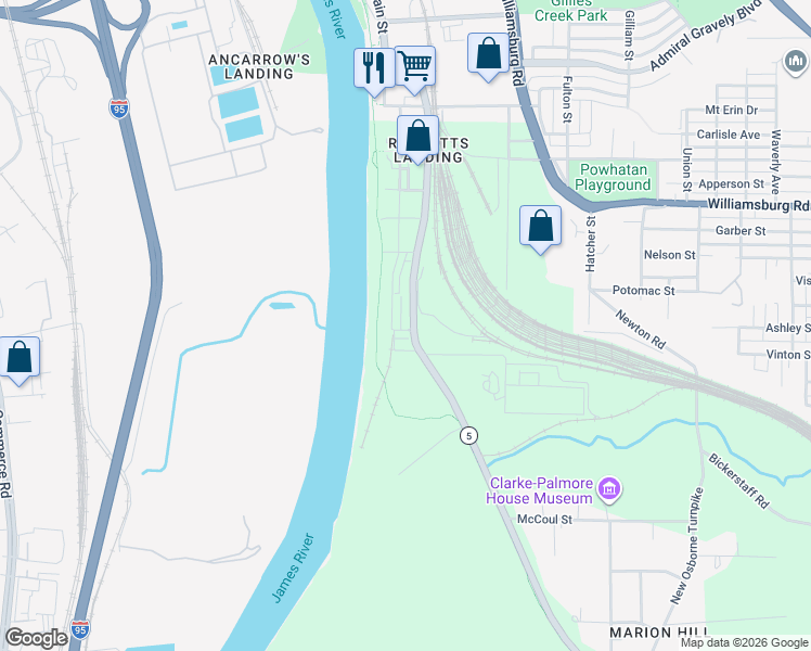 map of restaurants, bars, coffee shops, grocery stores, and more near 202 Old Ohio Street in Henrico
