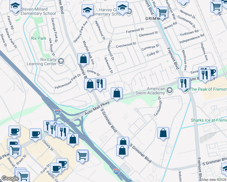 map of restaurants, bars, coffee shops, grocery stores, and more near in Fremont