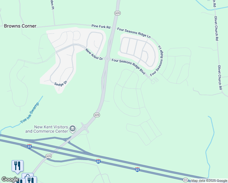 map of restaurants, bars, coffee shops, grocery stores, and more near West Danube Loop in New Kent County