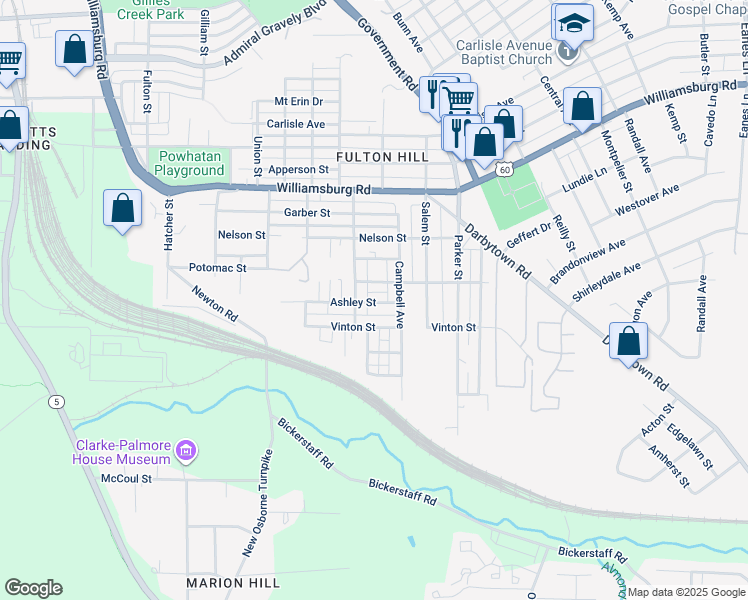 map of restaurants, bars, coffee shops, grocery stores, and more near 1411 Ashley Street in Richmond