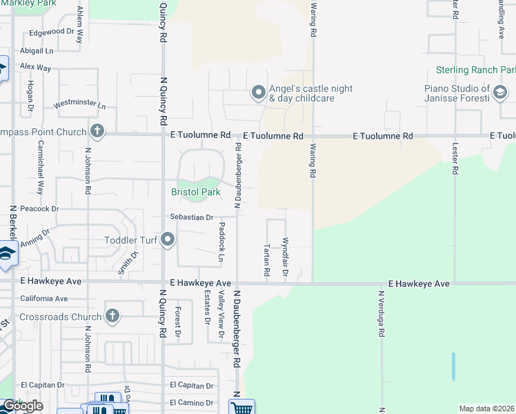 map of restaurants, bars, coffee shops, grocery stores, and more near 1900 North Daubenberger Road in Turlock