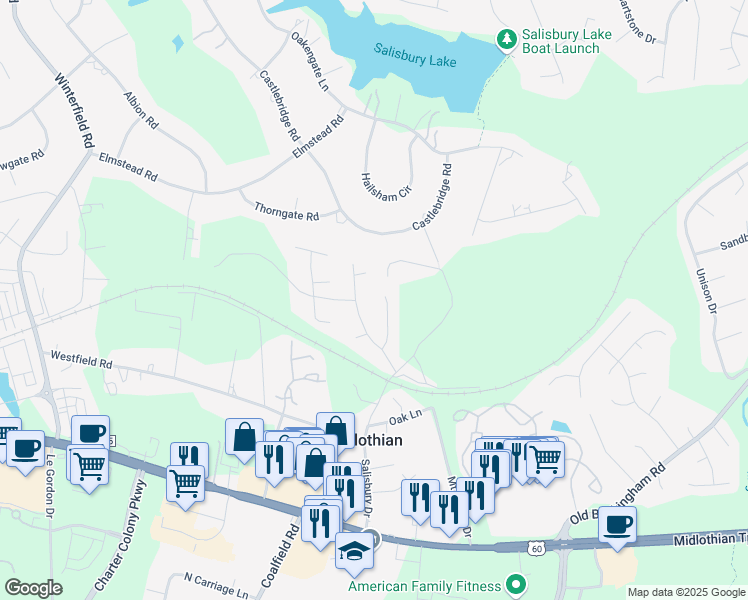 map of restaurants, bars, coffee shops, grocery stores, and more near 1618 Colehollow Drive in Midlothian