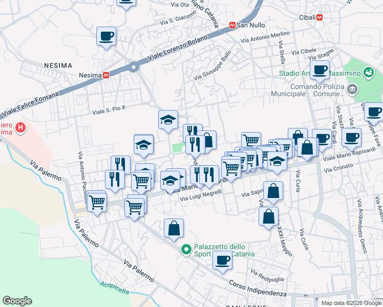 map of restaurants, bars, coffee shops, grocery stores, and more near 60 Via Armando Diaz in Catania