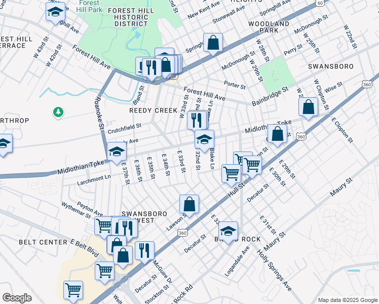 map of restaurants, bars, coffee shops, grocery stores, and more near 3206 Midlothian Turnpike in Richmond