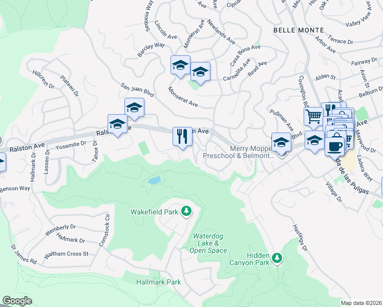 map of restaurants, bars, coffee shops, grocery stores, and more near 14 Arroyo View Circle in Belmont