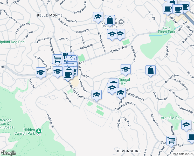 map of restaurants, bars, coffee shops, grocery stores, and more near 1715 El Verano Way in Belmont