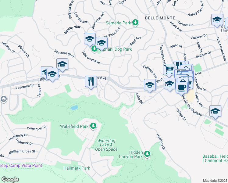 map of restaurants, bars, coffee shops, grocery stores, and more near 1039 Continentals Way in Belmont