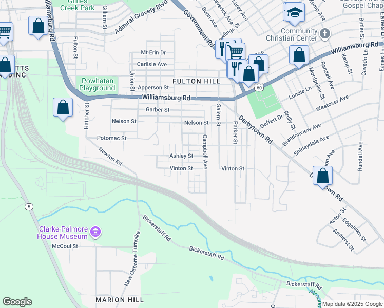 map of restaurants, bars, coffee shops, grocery stores, and more near 1411 Ashley Street in Richmond