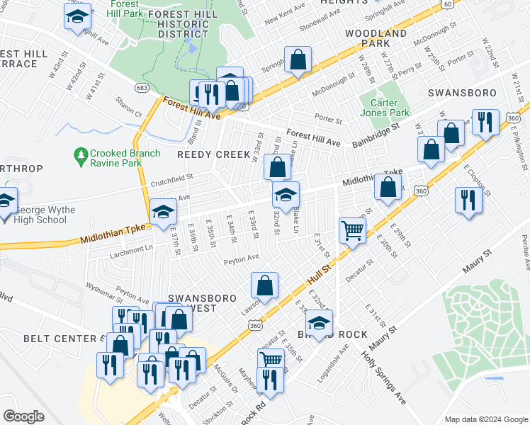 map of restaurants, bars, coffee shops, grocery stores, and more near 18 East 32nd Street in Richmond
