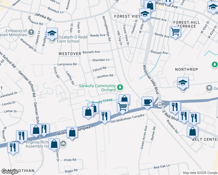 map of restaurants, bars, coffee shops, grocery stores, and more near 5216 Media Road in Richmond