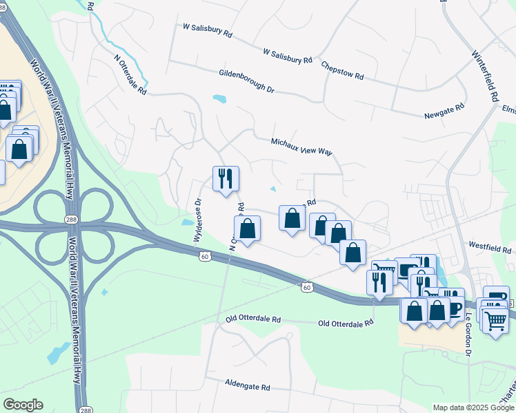 map of restaurants, bars, coffee shops, grocery stores, and more near 14438 Justice Road in Midlothian