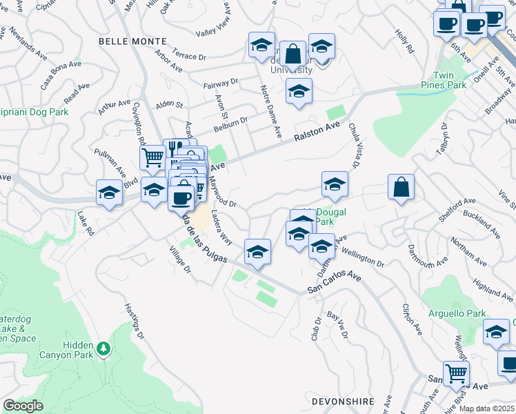 map of restaurants, bars, coffee shops, grocery stores, and more near 1715 El Verano Way in Belmont