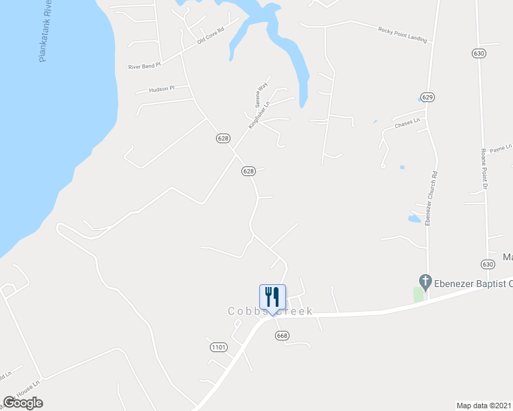 map of restaurants, bars, coffee shops, grocery stores, and more near 503 Cobbs Creek Lane in Cobbs Creek