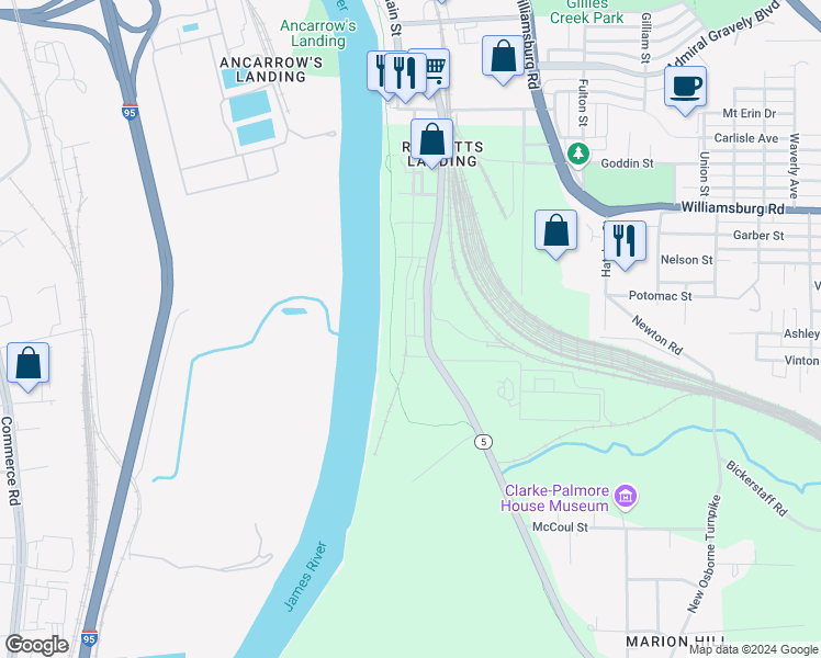 map of restaurants, bars, coffee shops, grocery stores, and more near 5329 Old Main Street in Henrico