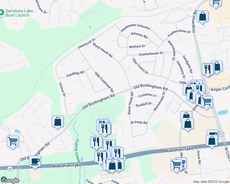 map of restaurants, bars, coffee shops, grocery stores, and more near 1401 Olde Coalmine Road in Midlothian