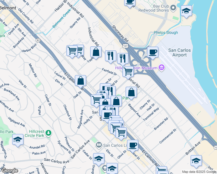 map of restaurants, bars, coffee shops, grocery stores, and more near 1024 Springfield Drive in San Carlos