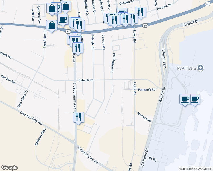 map of restaurants, bars, coffee shops, grocery stores, and more near 5405 Coxson Road in Richmond