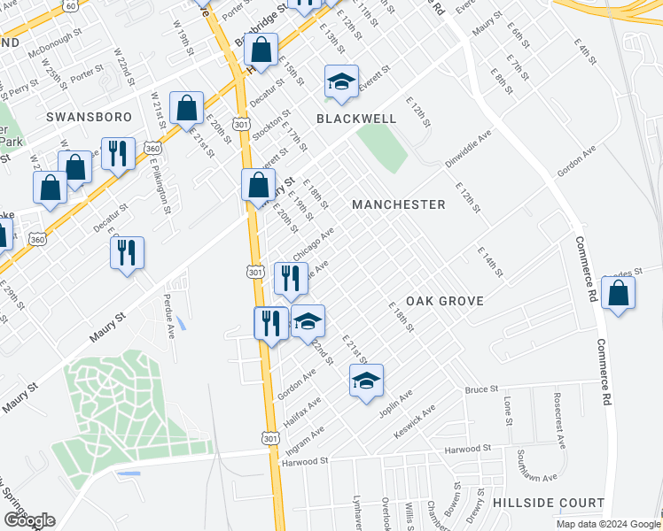 map of restaurants, bars, coffee shops, grocery stores, and more near 1908 Dinwiddie Avenue in Richmond