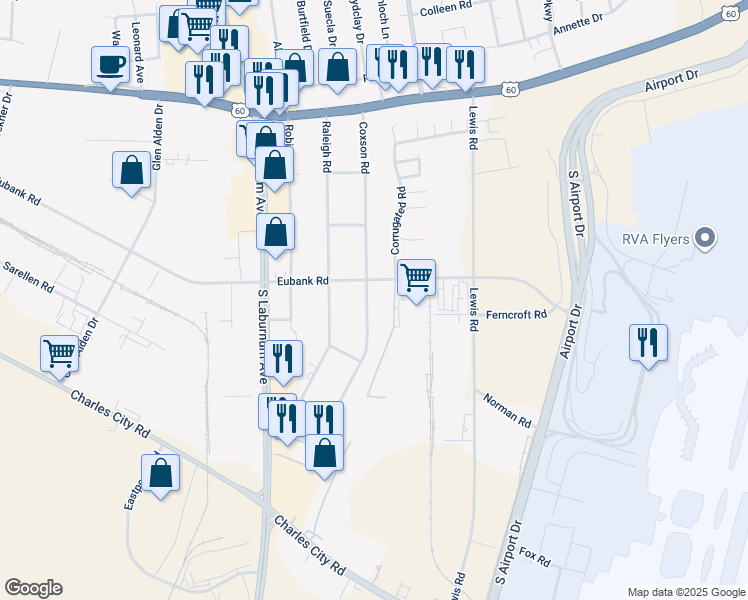 map of restaurants, bars, coffee shops, grocery stores, and more near 5405 Coxson Road in Richmond