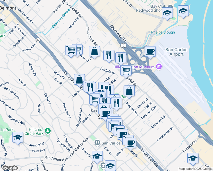 map of restaurants, bars, coffee shops, grocery stores, and more near 1024 Springfield Drive in San Carlos