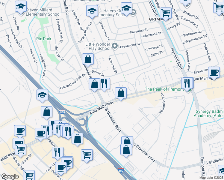 map of restaurants, bars, coffee shops, grocery stores, and more near 35 Eagle Green in Fremont
