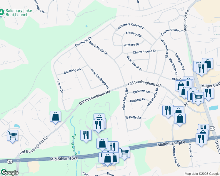 map of restaurants, bars, coffee shops, grocery stores, and more near 1401 Olde Coalmine Road in Midlothian