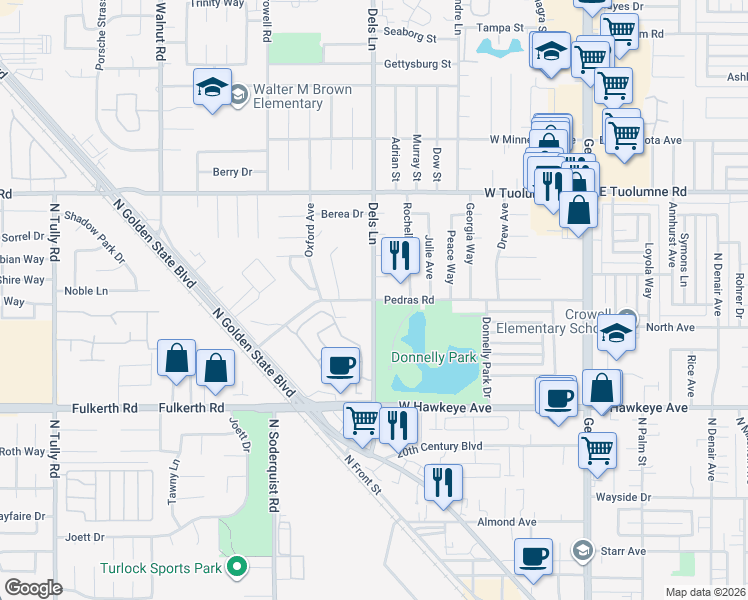 map of restaurants, bars, coffee shops, grocery stores, and more near Dels Lane & Pedras Road in Turlock