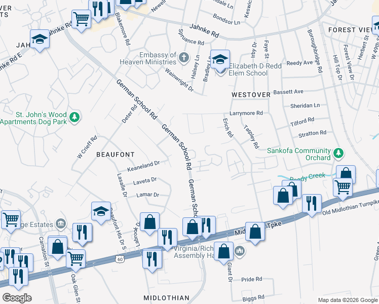 map of restaurants, bars, coffee shops, grocery stores, and more near 429 German School Road in Richmond