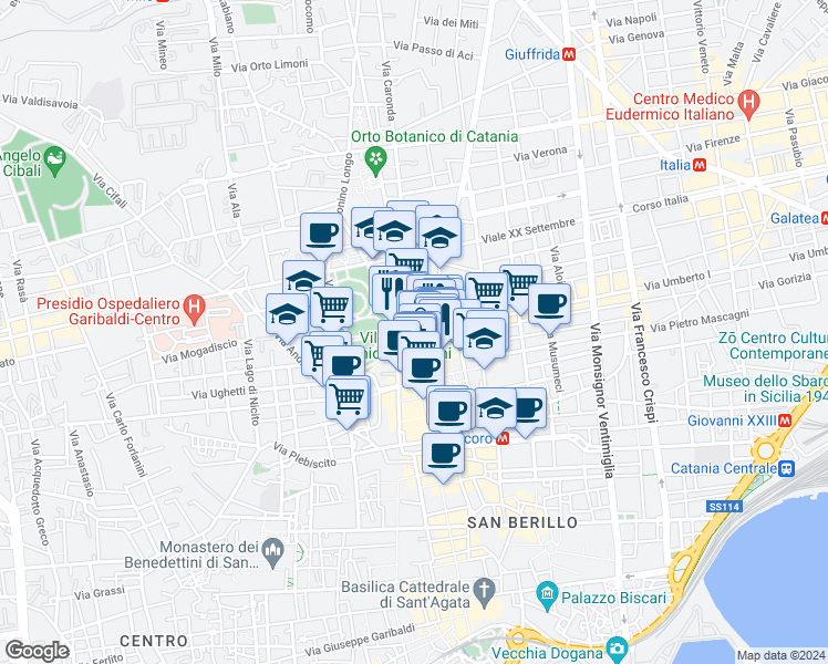 map of restaurants, bars, coffee shops, grocery stores, and more near 5 Via Umberto I in Catania