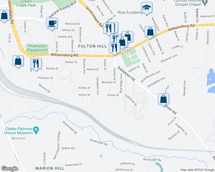 map of restaurants, bars, coffee shops, grocery stores, and more near 5306 Salem Street in Richmond