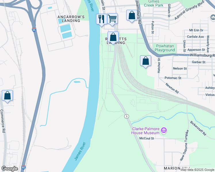 map of restaurants, bars, coffee shops, grocery stores, and more near 5327 Old Main Street in Henrico
