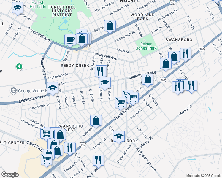 map of restaurants, bars, coffee shops, grocery stores, and more near 7 East Blake Lane in Richmond