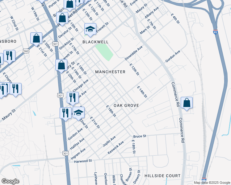 map of restaurants, bars, coffee shops, grocery stores, and more near 1602 Fairfax Avenue in Richmond