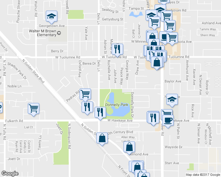 map of restaurants, bars, coffee shops, grocery stores, and more near 630 Pedras Road in Turlock