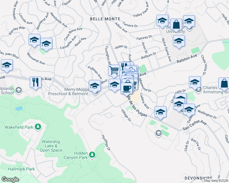 map of restaurants, bars, coffee shops, grocery stores, and more near 1000 Alameda de las Pulgas in Belmont