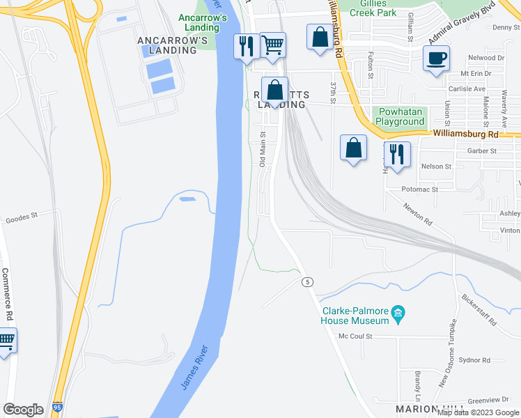 map of restaurants, bars, coffee shops, grocery stores, and more near 5327 Old Main Street in Henrico