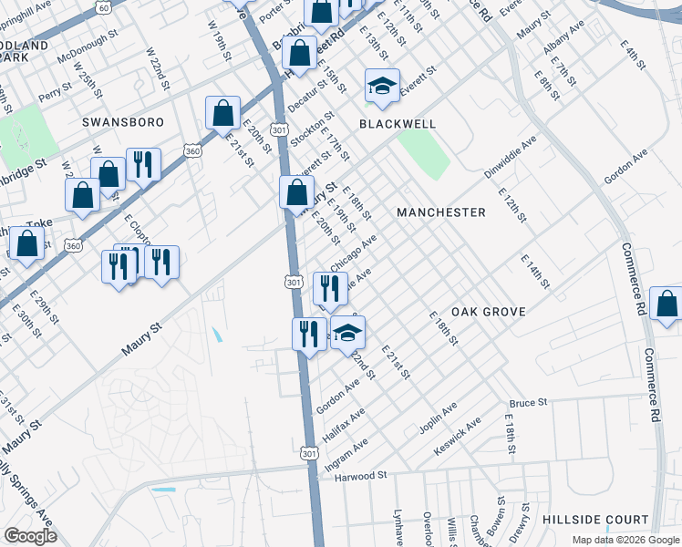 map of restaurants, bars, coffee shops, grocery stores, and more near 2010 Dinwiddie Avenue in Richmond