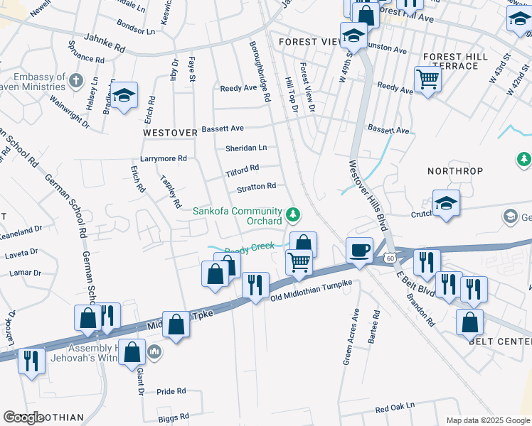map of restaurants, bars, coffee shops, grocery stores, and more near 5216 Media Road in Richmond
