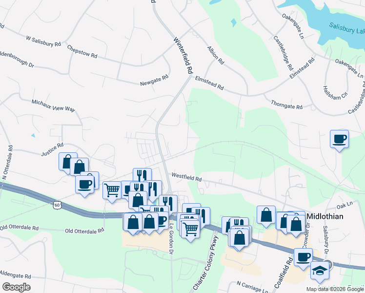 map of restaurants, bars, coffee shops, grocery stores, and more near 1424 Railroad Avenue in Midlothian