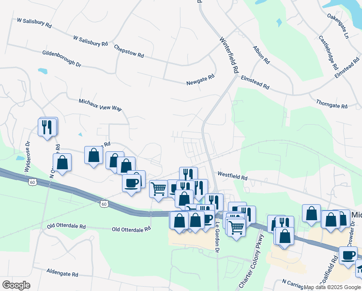 map of restaurants, bars, coffee shops, grocery stores, and more near 14421 Michaux Village Drive in Midlothian