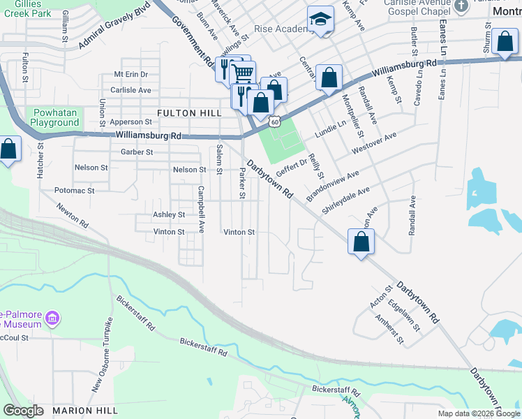 map of restaurants, bars, coffee shops, grocery stores, and more near 5313 Blue Ridge Avenue in Richmond