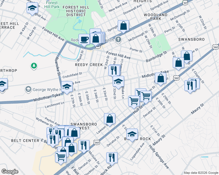 map of restaurants, bars, coffee shops, grocery stores, and more near 18 East 32nd Street in Richmond
