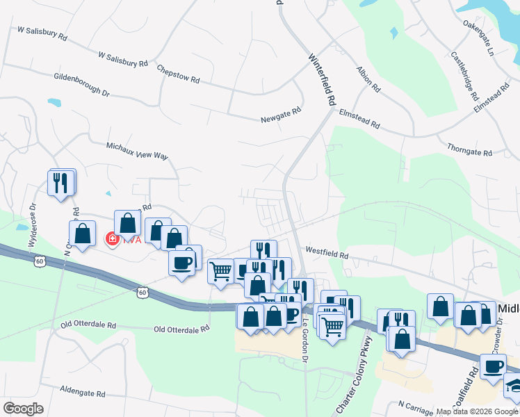 map of restaurants, bars, coffee shops, grocery stores, and more near 1320 Winterfield Road in Midlothian