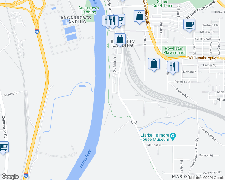 map of restaurants, bars, coffee shops, grocery stores, and more near 5325 Old Main Street in Henrico
