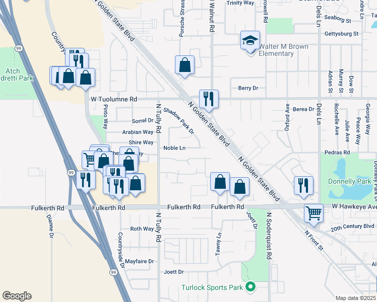 map of restaurants, bars, coffee shops, grocery stores, and more near 1826 Noble Lane in Turlock