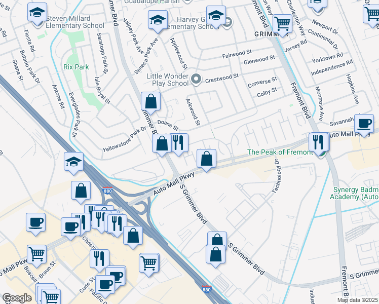 map of restaurants, bars, coffee shops, grocery stores, and more near 48 Eagle Green in Fremont