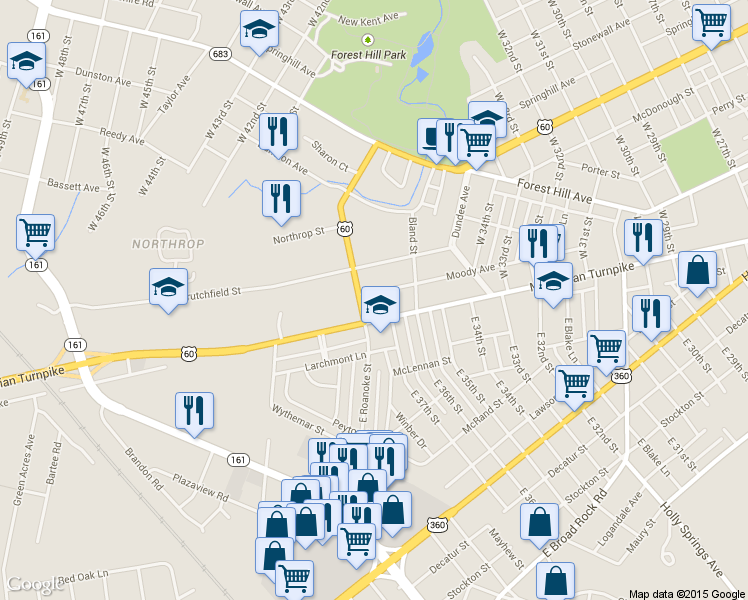 map of restaurants, bars, coffee shops, grocery stores, and more near 3716 Moody Avenue in Richmond