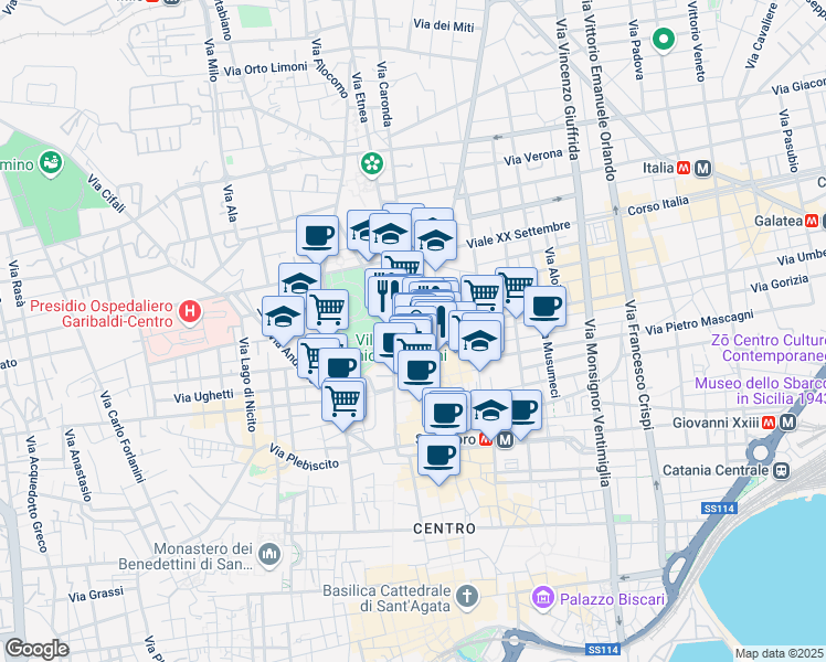 map of restaurants, bars, coffee shops, grocery stores, and more near 5-7 Via Umberto I in Catania