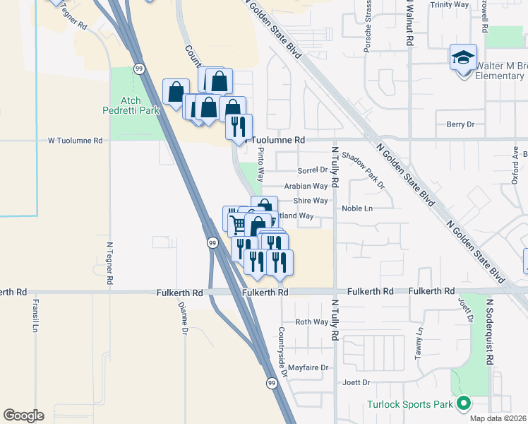 map of restaurants, bars, coffee shops, grocery stores, and more near 1909 Cali Lin Court in Turlock