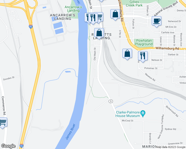 map of restaurants, bars, coffee shops, grocery stores, and more near 5323 Old Main Street in Henrico